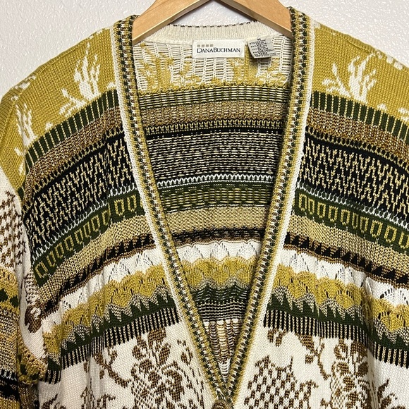 Vintage Dana Buchman Gold Brown Patterned Vneck Cardigan Medium - Picture 2 of 12